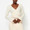 Trendyol Beige Premium Textured Fabric Double Breasted Neck Regular/Normal Fit Crop Knitted Blouse