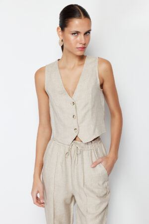 Trendyol Beige Regular Cotton Crop Linen Woven Vest Trendyol Beige Regular Cotton Crop Linen Woven Vest