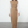 Trendyol Beige Sleeves Woven Piece Detailed Waist Tied Knitwear Dress