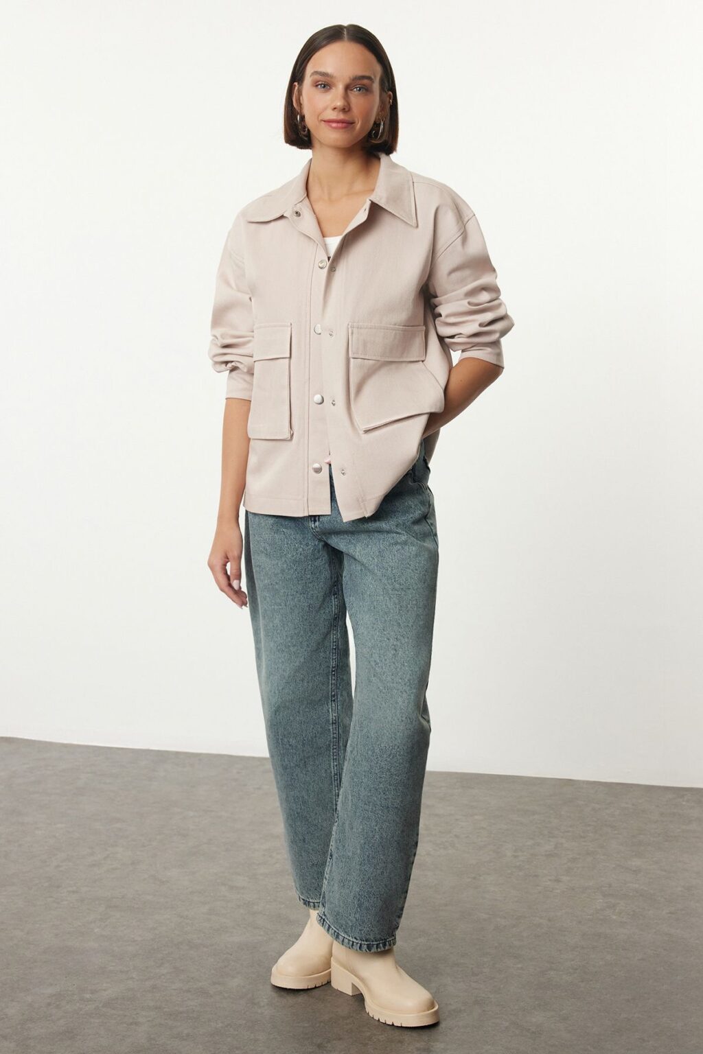 Trendyol Beige Snap Detail Woven Jacket with Pockets