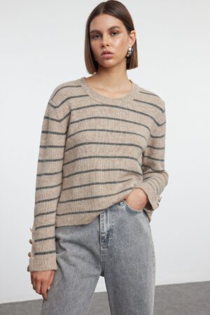 Trendyol Beige Soft Texture Basic Striped Knitwear Sweater Trendyol Beige Soft Texture Basic Striped Knitwear Sweater
