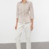 Trendyol Beige Striped Gather Detailed Fitted Woven Shirt