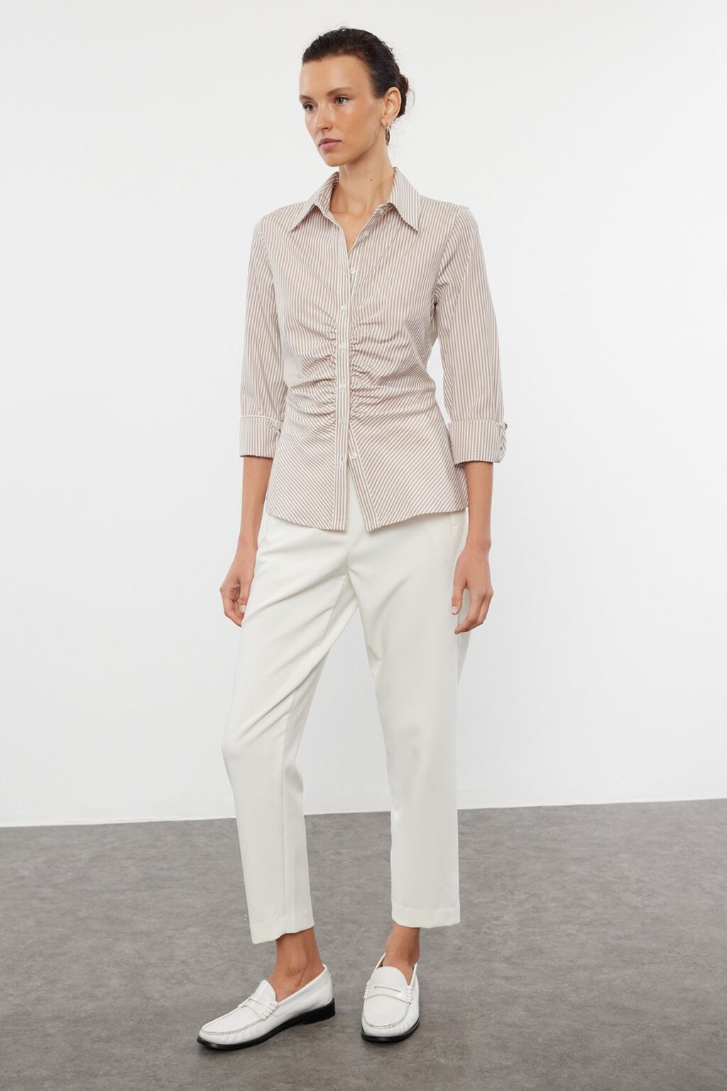 Trendyol Beige Striped Gather Detailed Fitted Woven Shirt