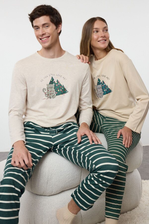 Trendyol Beige Striped Regular Fit Couple Christmas Knitted Pajamas Set