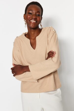 Trendyol Beige Thessaloniki/Knitwear Look Pearl Detailed Relaxed/Comfortable Fit Knitted Blouse Trendyol Beige Thessaloniki/Knitwear Look Pearl Detailed Relaxed/Comfortable Fit Knitted Blouse