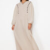 Trendyol Beige V-Neck Detailed Woven Linen Look Dress
