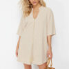 Trendyol Beige Wide Fit Mini Knitted Tied Beach Dress