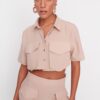 Trendyol Beige Woven 100% Cotton Shirt and Shorts Set With Pocket