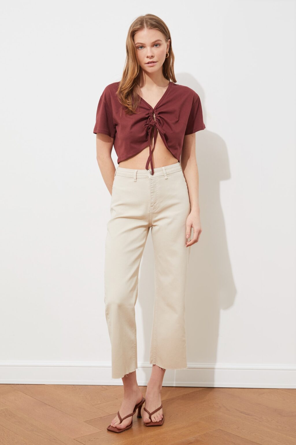 Trendyol Bézs Magas Derék Jeans Breeches