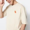 Trendyol Bézs Oversize Crew nyakú rövid ujjú Fox hímzett 100% pamut póló