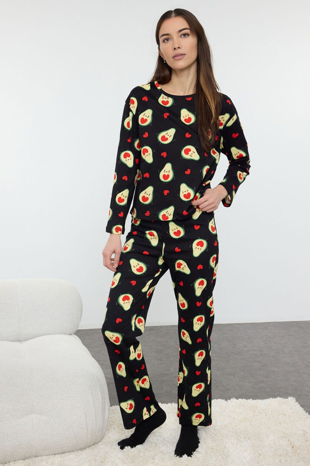 Trendyol Black 100% Cotton Avocado and Heart Knitted Pajama Set