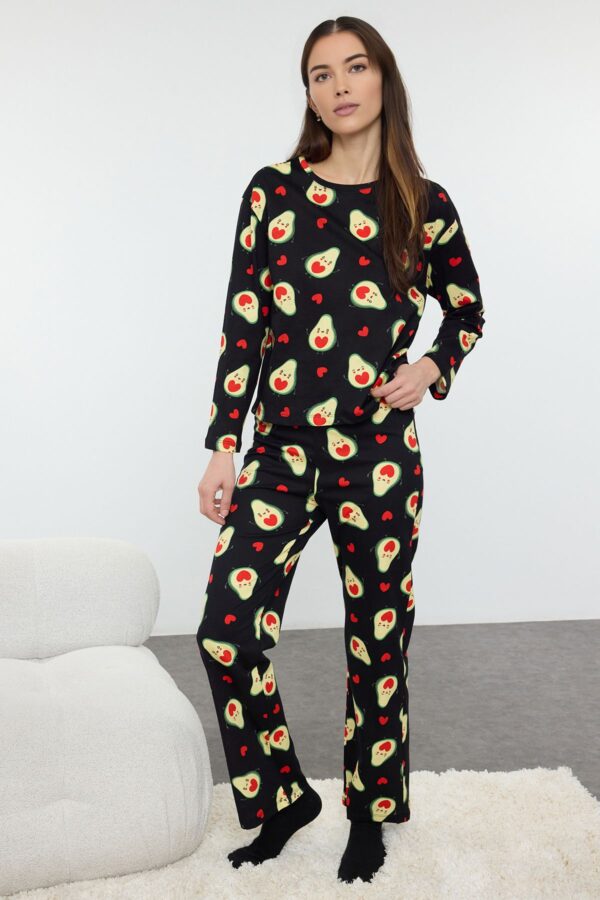 Trendyol Black 100% Cotton Avocado and Heart Knitted Pajama Set
