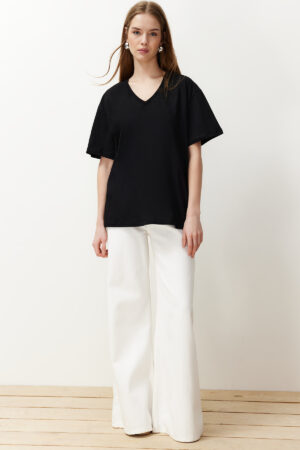 Trendyol Black 100% Cotton Boyfriend V-Neck Knitted T-Shirt Trendyol Black 100% Cotton Boyfriend V-Neck Knitted T-Shirt
