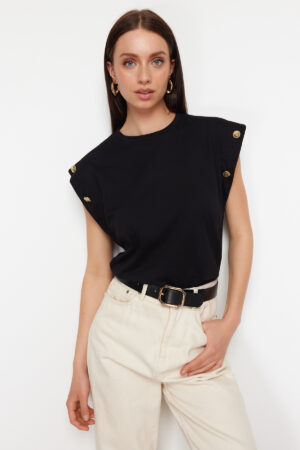 Trendyol Black 100% Cotton Button Detailed Padded Look Basic Crew Neck Knitted T-Shirt Trendyol Black 100% Cotton Button Detailed Padded Look Basic Crew Neck Knitted T-Shirt