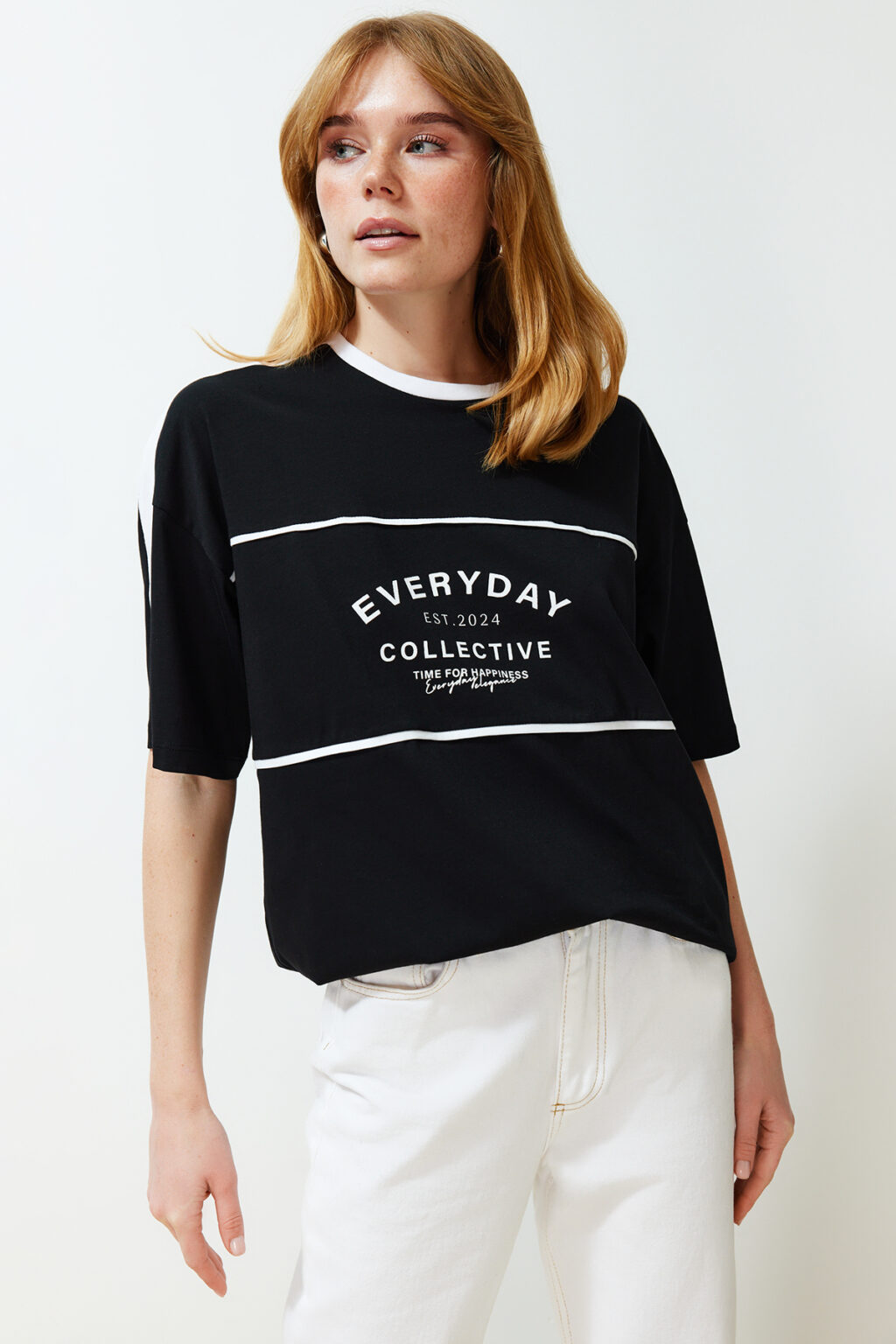 Trendyol Black 100% Cotton Color Block Slogan Oversize/Wide Fit Knitted T-Shirt