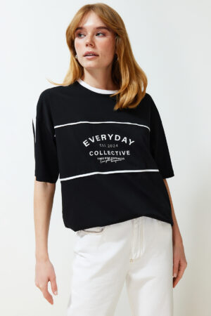 Trendyol Black 100% Cotton Color Block Slogan Oversize/Wide Fit Knitted T-Shirt