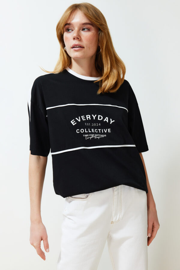 Trendyol Black 100% Cotton Color Block Slogan Oversize/Wide Fit Knitted T-Shirt