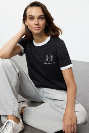 Trendyol Black 100% Cotton Embroidered Contrast Piping Detailed Knitted T-Shirt Trendyol Black 100% Cotton Embroidered Contrast Piping Detailed Knitted T-Shirt