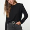 Trendyol Black 100% Cotton Padded Look Basic Crew Neck Knitted T-Shirt