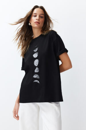 Trendyol Black 100% Cotton Planet Print Oversize/Wide Knit T-Shirt Trendyol Black 100% Cotton Planet Print Oversize/Wide Knit T-Shirt