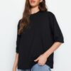 Trendyol Black 100% Cotton Premium Oversize/Wide Fit Three Quarter Sleeve Knitted T-Shirt
