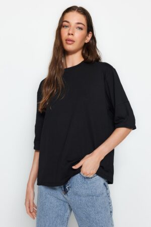 Trendyol Black 100% Cotton Premium Oversize/Wide Fit Three Quarter Sleeve Knitted T-Shirt Trendyol Black 100% Cotton Premium Oversize/Wide Fit Three Quarter Sleeve Knitted T-Shirt