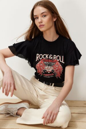 Trendyol Black 100% Cotton Printed Tulle Ruffle Detail Regular/Regular Fit Knitted T-Shirt Trendyol Black 100% Cotton Printed Tulle Ruffle Detail Regular/Regular Fit Knitted T-Shirt