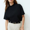 Trendyol Black 100% Cotton Stand Collar Three Quarter Sleeve Knitted T-Shirt