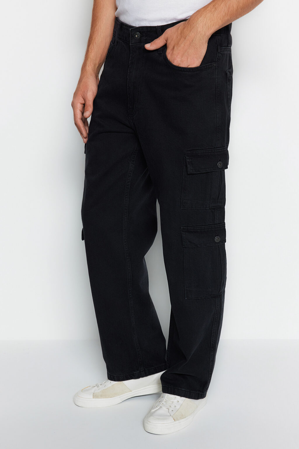 Trendyol Black 100% Cotton Wide Cut Cargo Pocket Jeans Loose Jeans