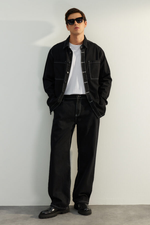 Trendyol Black 100% Cotton Wide Cut Contrast Stitched Jeans Loose Jeans
