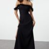 Trendyol Black A-Cut Otriş Detailed Woven Long Evening Dress