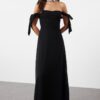 Trendyol Black A-Line Carmen Neck Woven Chiffon Elegant Evening & Graduation Dress