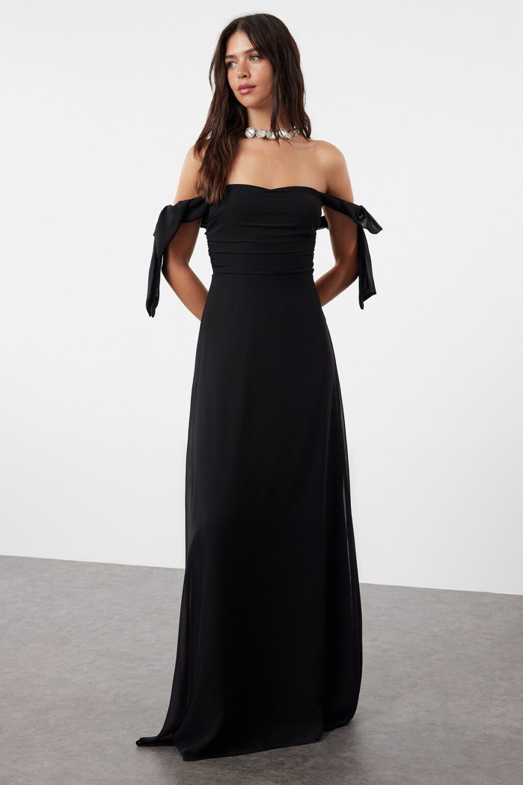 Trendyol Black A-Line Carmen Neck Woven Chiffon Elegant Evening & Graduation Dress