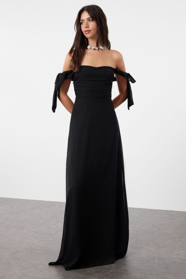 Trendyol Black A-Line Carmen Neck Woven Chiffon Elegant Evening & Graduation Dress