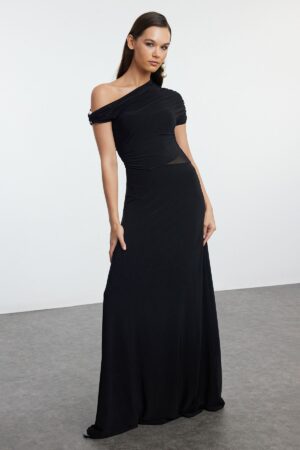 Trendyol Black A-Line Pearl Accessory Knitted Elegant Long Evening & Graduation Dress