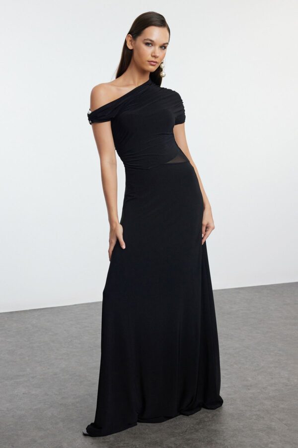Trendyol Black A-Line Pearl Accessory Knitted Elegant Long Evening & Graduation Dress