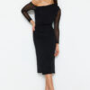 Trendyol Black Abstract Lined Midi Lined Asymmetrical Neck Knit Dress