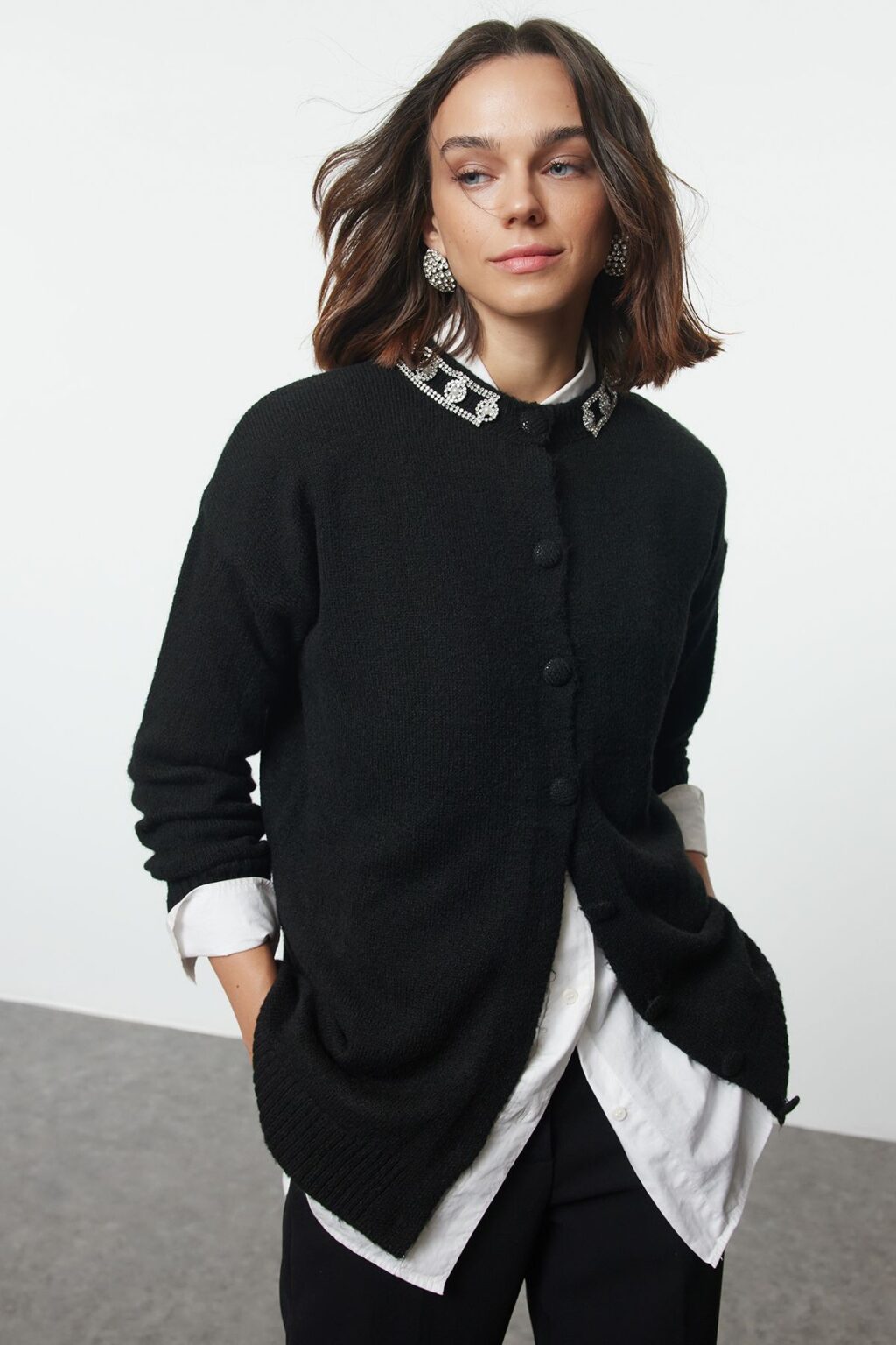 Trendyol Black Accessory Detailed Knitwear Cardigan