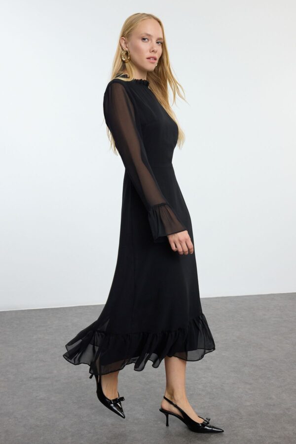 Trendyol Black Animal Patterned A-Line Stand Collar Midi Lined Chiffon Woven Winter Dress