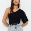 Trendyol Black Asymmetric Collar 100% Cotton Single Sleeve Regular/Normal Pattern Basic Knitted T-Shirt