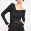 Trendyol Black Asymmetric Collar részletesen kidolgozott drapp szabású/elhelyezett krepp kötött bodyk