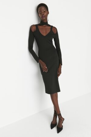 Trendyol Black Asymmetrical Collar Detailed Knitted Evening Dress