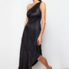 Trendyol Black Asymmetrical Pleat Detailed Knitted Satin Elegant Evening Dress