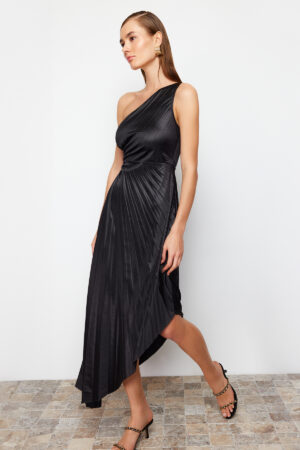 Trendyol Black Asymmetrical Pleat Detailed Knitted Satin Elegant Evening Dress