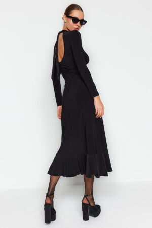 Trendyol Black Backless Flounce Skirt High Neck Maxi Length Flexible Knitted Dress