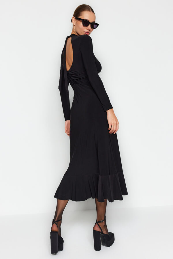 Trendyol Black Backless Flounce Skirt High Neck Maxi Length Flexible Knitted Dress