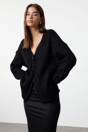 Trendyol Black Basic puha texturált kötöttáru Cardigan Trendyol Black Basic puha texturált kötöttáru Cardigan