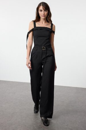 Trendyol Black Belt Detailed Wide Leg Wide Leg Fabric Woven Trousers