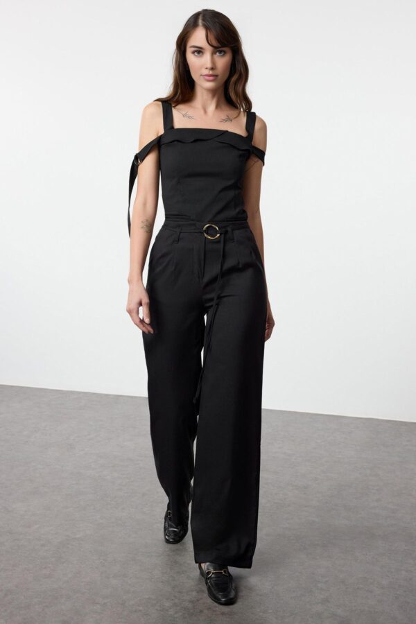 Trendyol Black Belt Detailed Wide Leg Wide Leg Fabric Woven Trousers