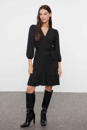 Trendyol Black Belted A-Line/A-Line Form Wrap/Textured Knitted Dress